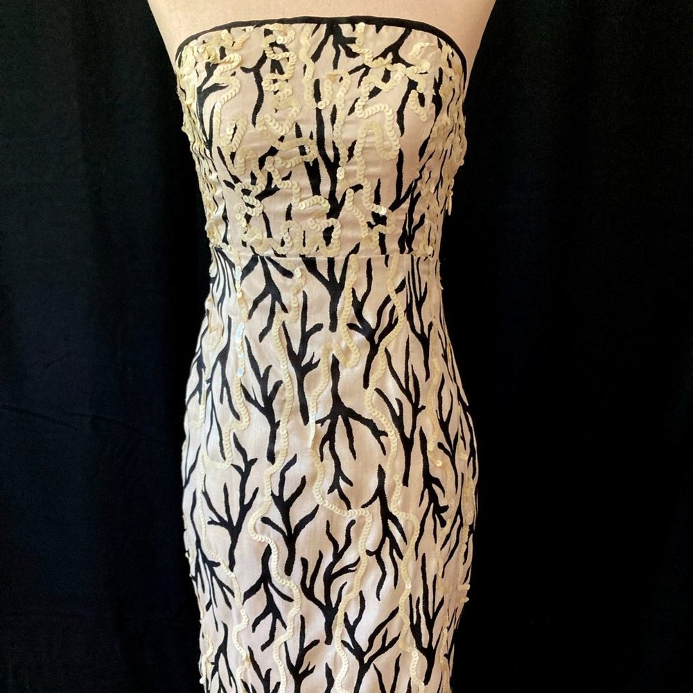 Strapless cream and black dress with sequins